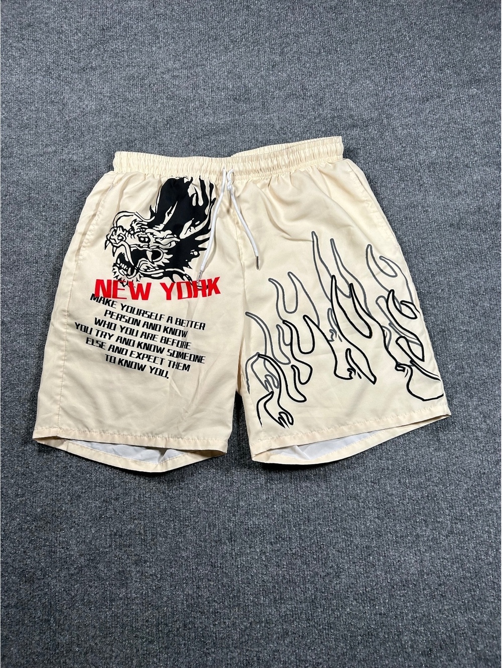 Men's Beige Graphic Print Casual Shorts with Drawstring Waist